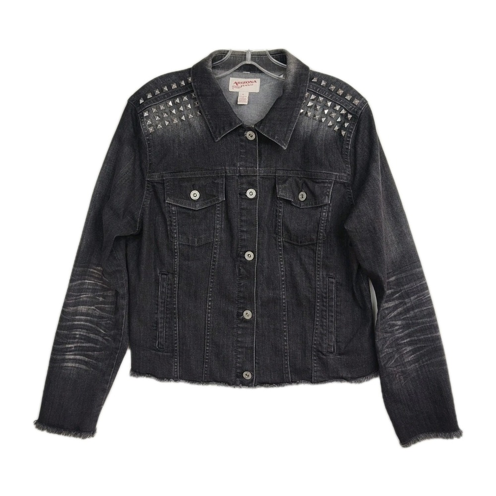 Arizona Jean Co Denim Jacket Women's Size XL Black Studded Raw Hem